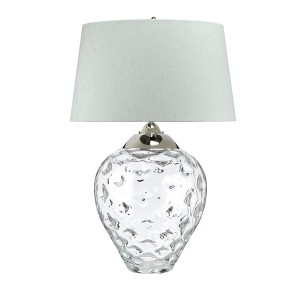 Lampa stołowa Samara Elstead Lighting z kloszem z tkaniny i podstawą ze szkła.