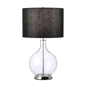 Lampa stołowa Orb Elstead Lighting z czarnym abażurem i szklaną podstawą.