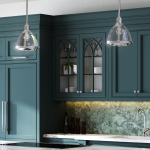 Lampa wisząca Elroy Elstead Lighting 1xE27 60W z żebrowanego szkła, polerowany nikiel, zamontowana w kuchni.