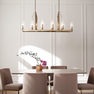 Lampa wisząca/żyrandol Kimrose Elstead Lighting 10xE14 40W Stal, Szkło żebrowane Szczotkowany naturalny mosiądz w eleganckim jadalnianym wnętrzu.