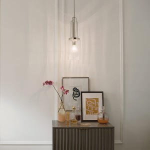 Lampa wisząca Kimrose Elstead Lighting 1xE27 60W Stal, Szkło żebrowane Polerowany nikiel nad komodą.