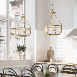 Lampa wisząca Roux Elstead Lighting 3xE27 60W Stal, Szkło żebrowane Naturalny mosiądz w kuchni.