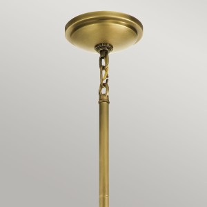 Lampa wisząca Tollis Elstead Lighting 1xE27 40W Stal, Szkło żebrowane Białe/ Naturalny mosiądz, zbliżenie na podsufitkę i złoty łańcuch.