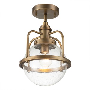 Lampa wisząca Triocent Elstead Lighting z kloszem ze szkła z bąbelkami powietrza, naturalny mosiądz.