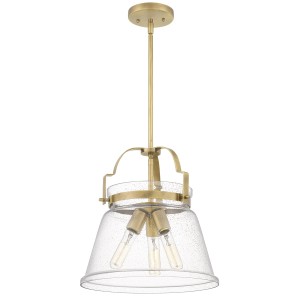 Lampa wisząca Wimberley Elstead Lighting z wyblakłego mosiądzu, trzy źródła światła, szklany klosz z bąbelkami powietrza.
