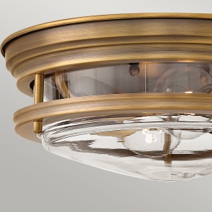 Lampa sufitowa plafon Hadrian Elstead Lighting 2xE27 40W Stal, Szkło Szczotkowany brąz, detal obudowy z przezroczystym szkłem.