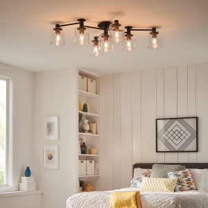Lampa sufitowa Axel Elstead Lighting 7xE27 60W w stylu industrialnym z czarnymi metalowymi ramionami i szklanymi kloszami w nowoczesnej sypialni.