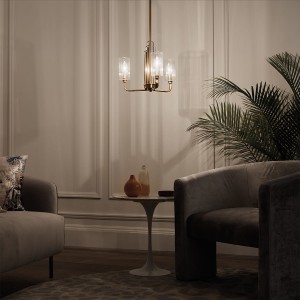 Lampa wisząca Kimrose Elstead Lighting 3xE14 40W z żebrowanym szkłem i szczotkowanym naturalnym mosiądzem w eleganckim wnętrzu.