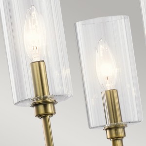 Lampa wisząca Kimrose Elstead Lighting z żarówkami E14 i żebrowanymi szklanymi kloszami, szczotkowany mosiądz.