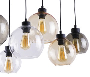 Lampa wisząca CUBUS TK Lighting 6xE27 Metal Czarny z przezroczystymi kulistymi kloszami.