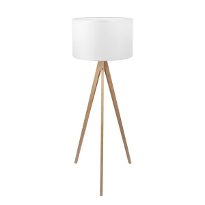 Lampa stojąca TREVISO TK Lighting 1xE27 Metal Drewno, na trójnogu z białym abażurem.