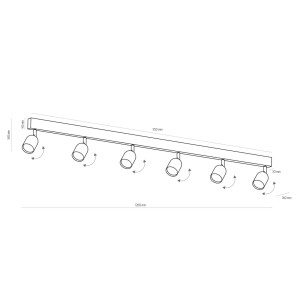 Lampa sufitowa Spot TOP TK Lighting 6x10W GU10 Czarny Metal, schemat techniczny i wymiary