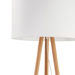 Lampa stojąca TOKYO TK Lighting 1xE27 Metal Czarny, z białym abażurem na drewnianych nogach.