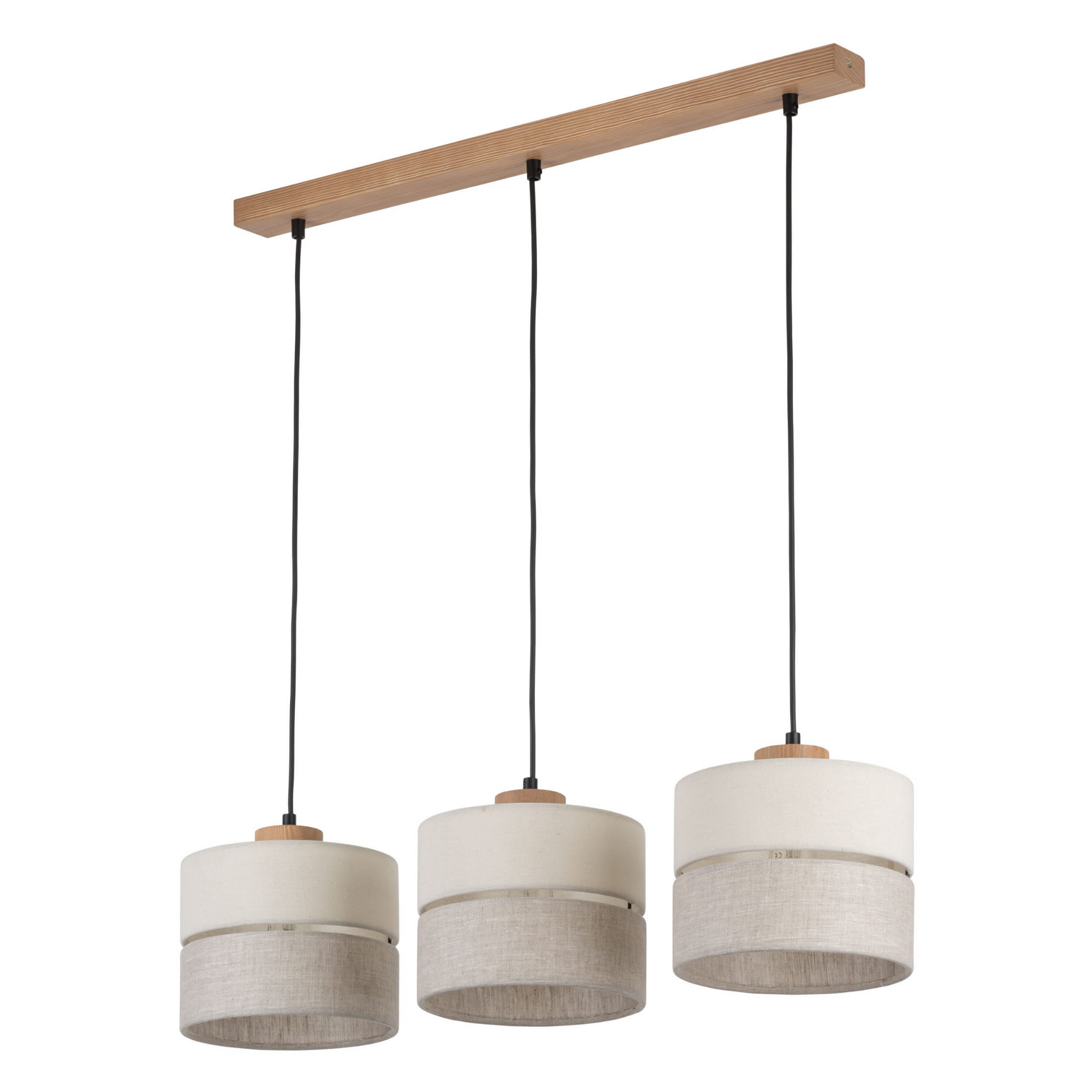 Lampa wisząca ECO TK Lighting 3xE27 15W Tkanina, trzy abażury, drewno jasne.