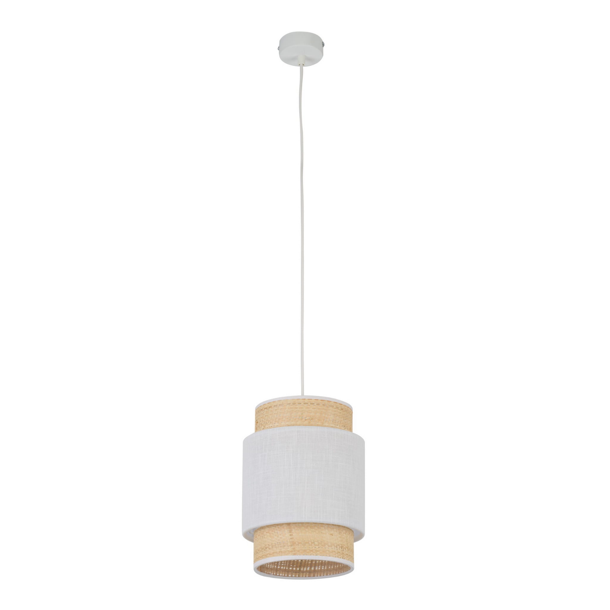 Lampa wisząca BOHO TK Lighting 1xE27 15W, biały abażur z tkaniny i słomkowe wykończenia.