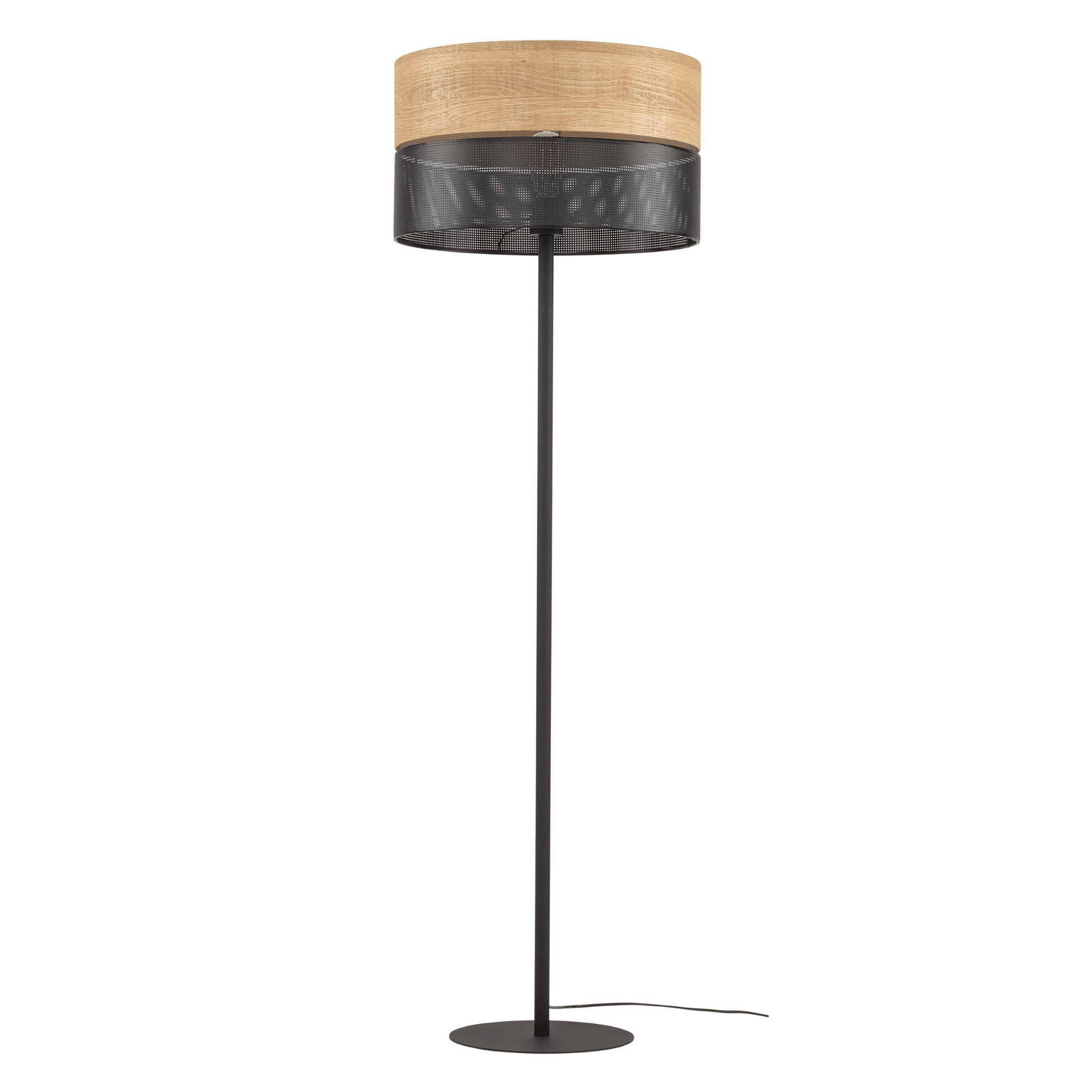 Lampa podłogowa NICOL TK Lighting czarna z drewnianymi elementami.