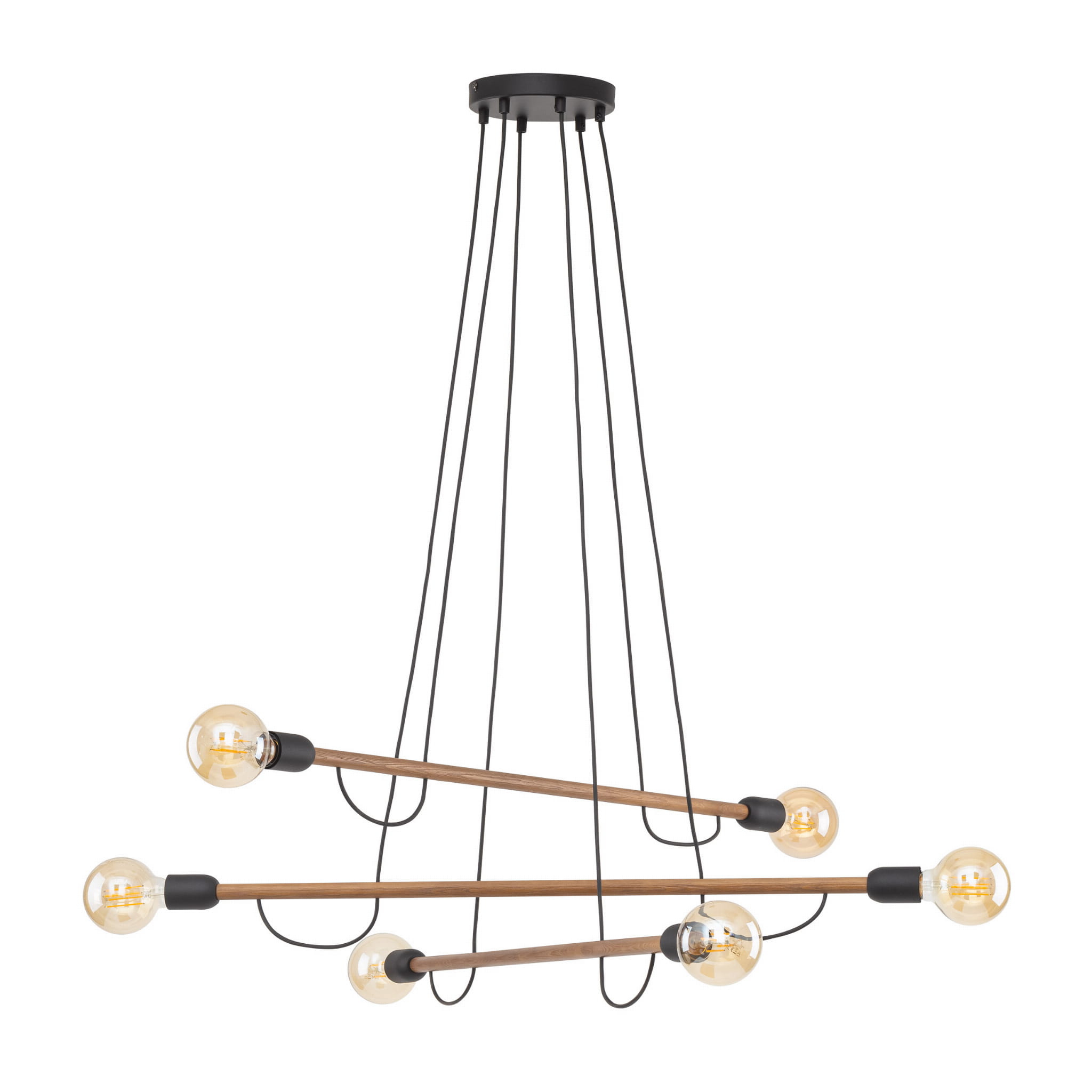 Lampa wisząca HELIX TK Lighting 6xE27 15W z drewnianymi ramionami i sześcioma żarówkami.