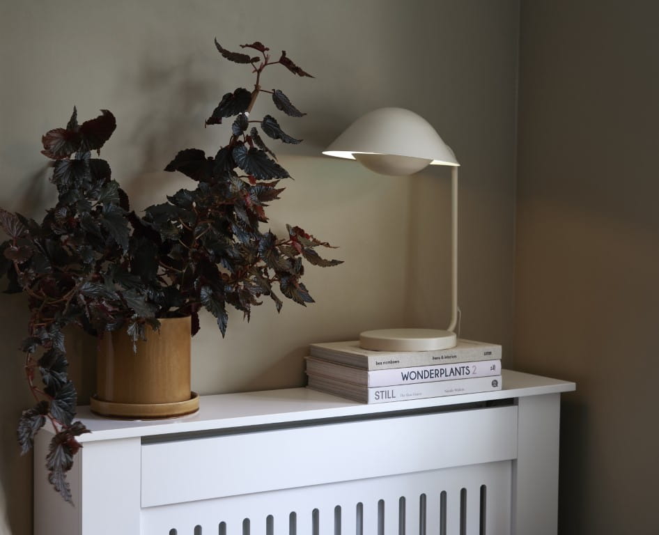 Lampa stołowa FREYA Nordlux 1xE14 40W Metal Beżowy na białym biurku obok rośliny doniczkowej.