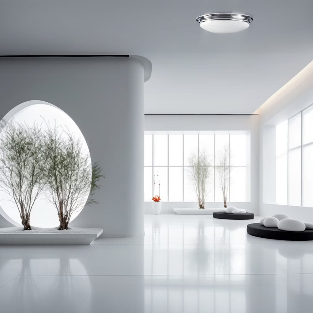 Lampa sufitowa plafon okrągły Brompton Elstead Lighting 1x9W Chrom Stal w nowoczesnym wnętrzu.