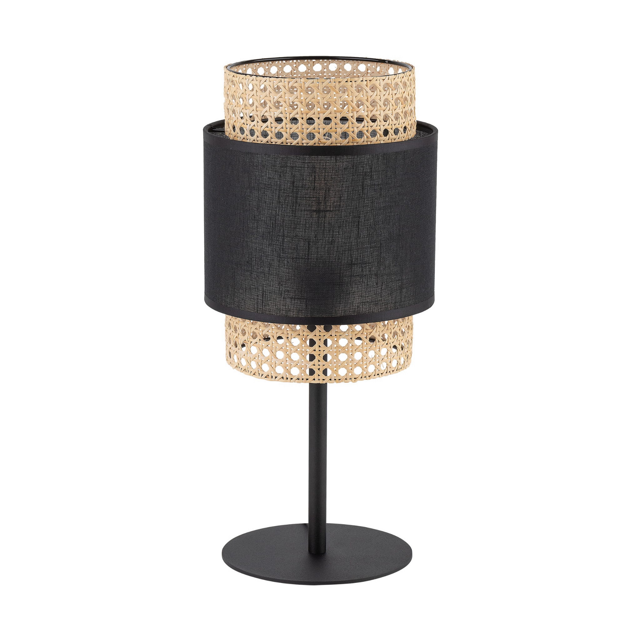 Lampka nocna BOHO TK Lighting z tkaniny i ratanu, kolor czarny i słomkowy.