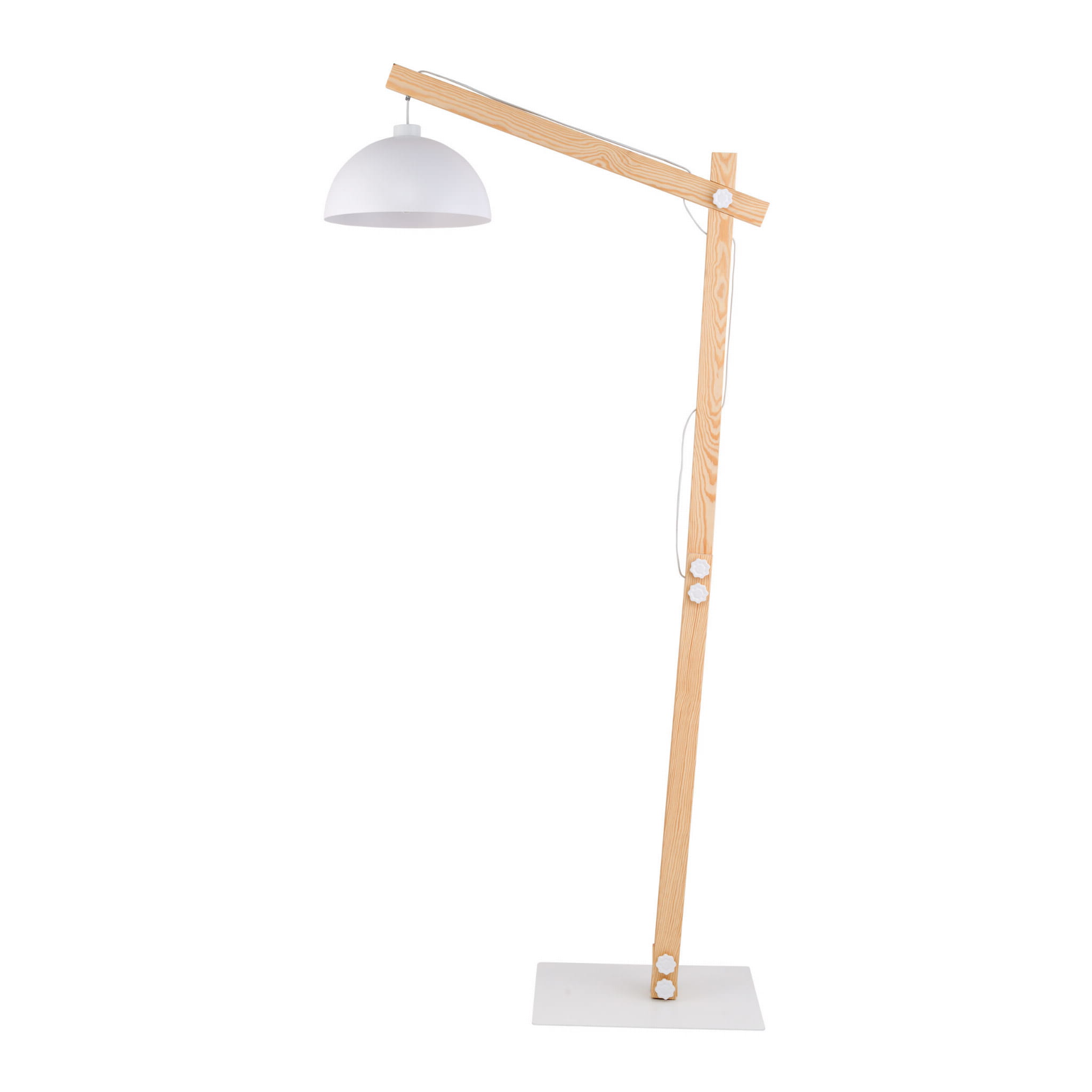 Lampa podłogowa OSLO TK Lighting 1xE27 15W metal biały kątowane ramię drewniane.