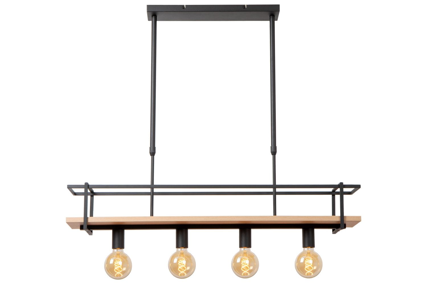Lampa wisząca Milonga Lucide z czterema żarówkami i metalowymi czarnymi elementami.