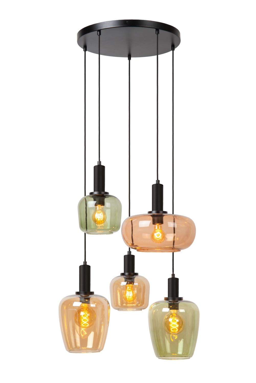 Lampa wisząca Ilona Lucide 5xE27 40W w szklanych kloszach.