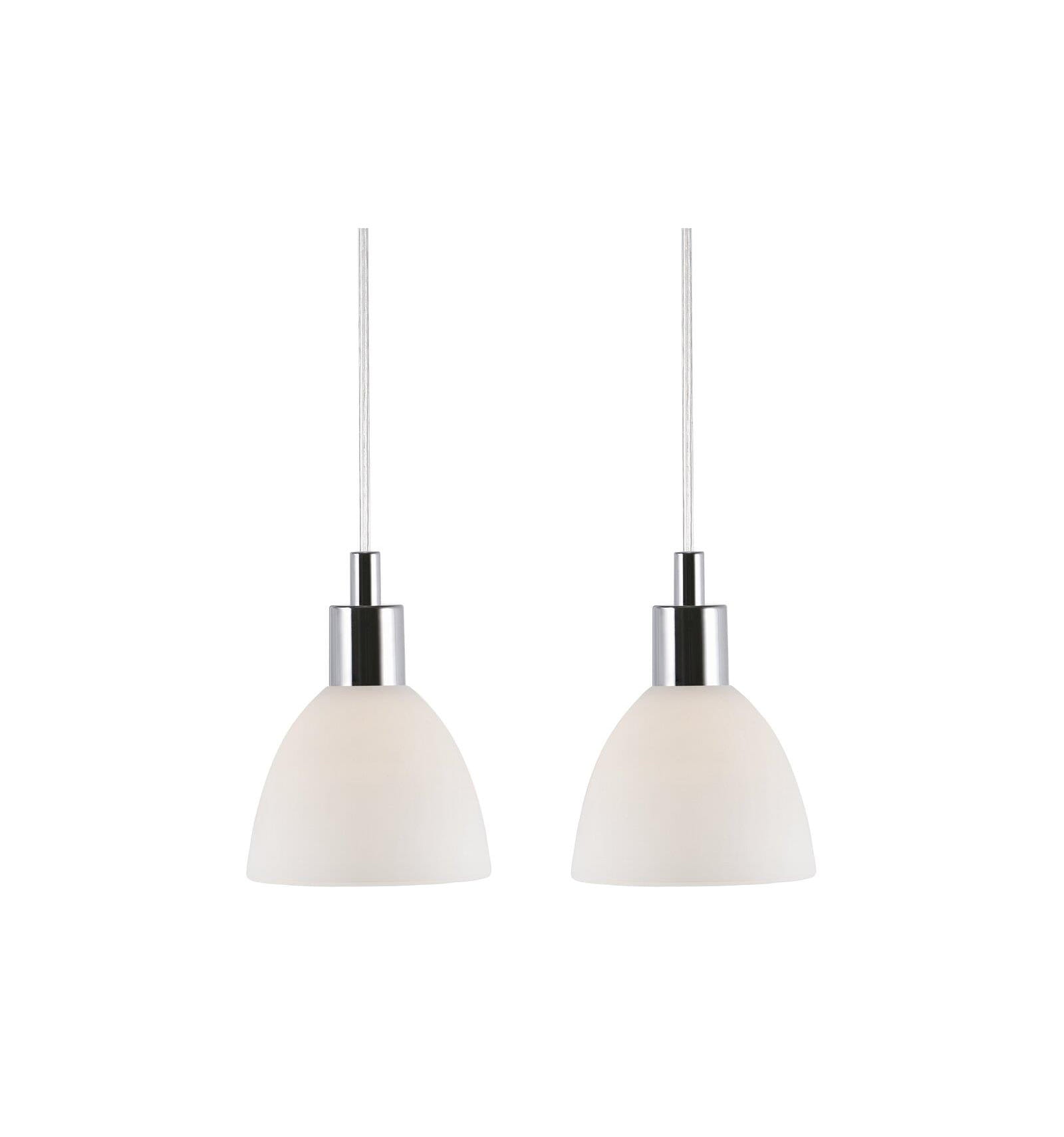 Dwie wiszące Lampy Nordlux E14 2X40W Chrom z mlecznymi kloszami.
