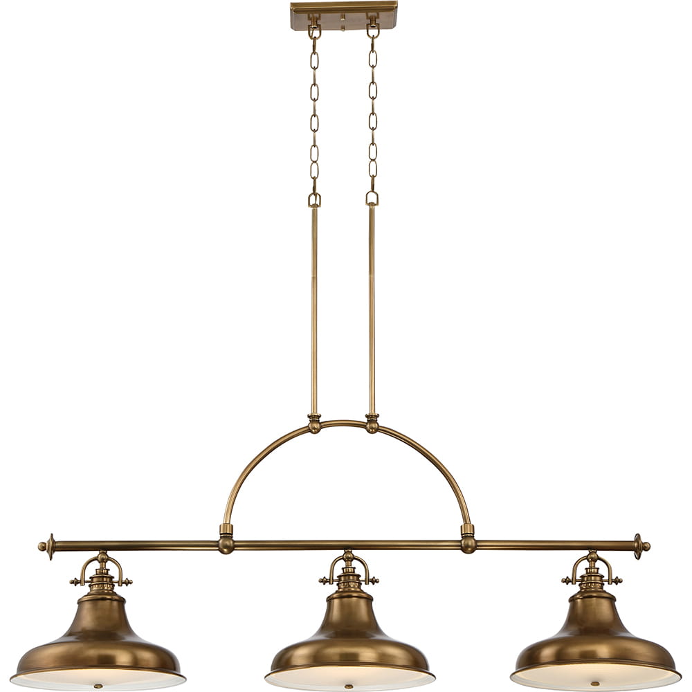Lampa wisząca/żyrandol Emery Elstead Lighting w mosiężnym kolorze z trzema kloszami.