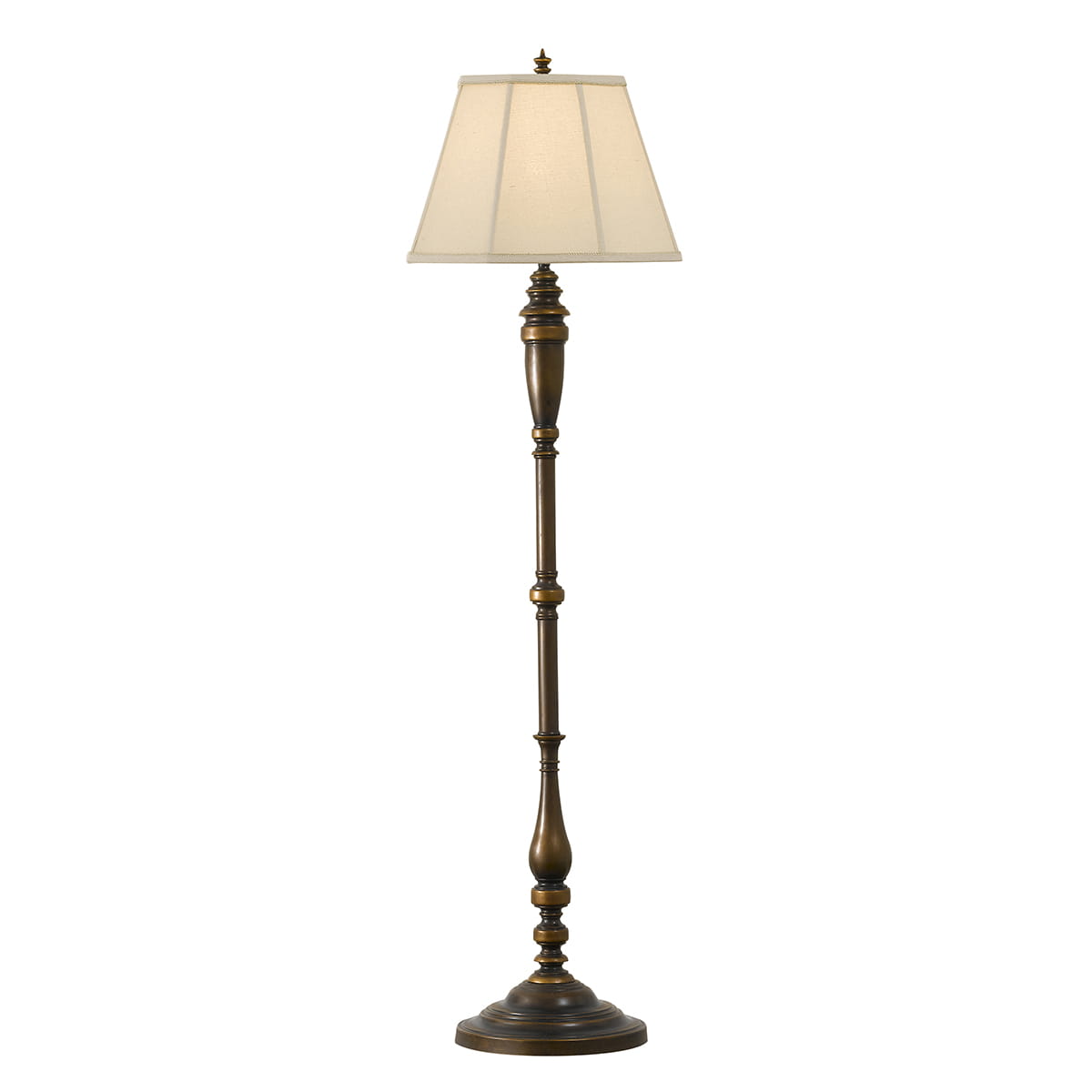 Lampa stojąca Lincolndale Elstead Lighting w kolorze brązowym z kremowym abażurem.