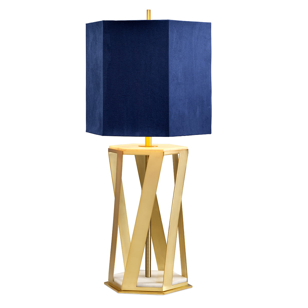 Lampa stojąca Apollo Elstead Lighting ze złotą podstawą i niebieskim abażurem.