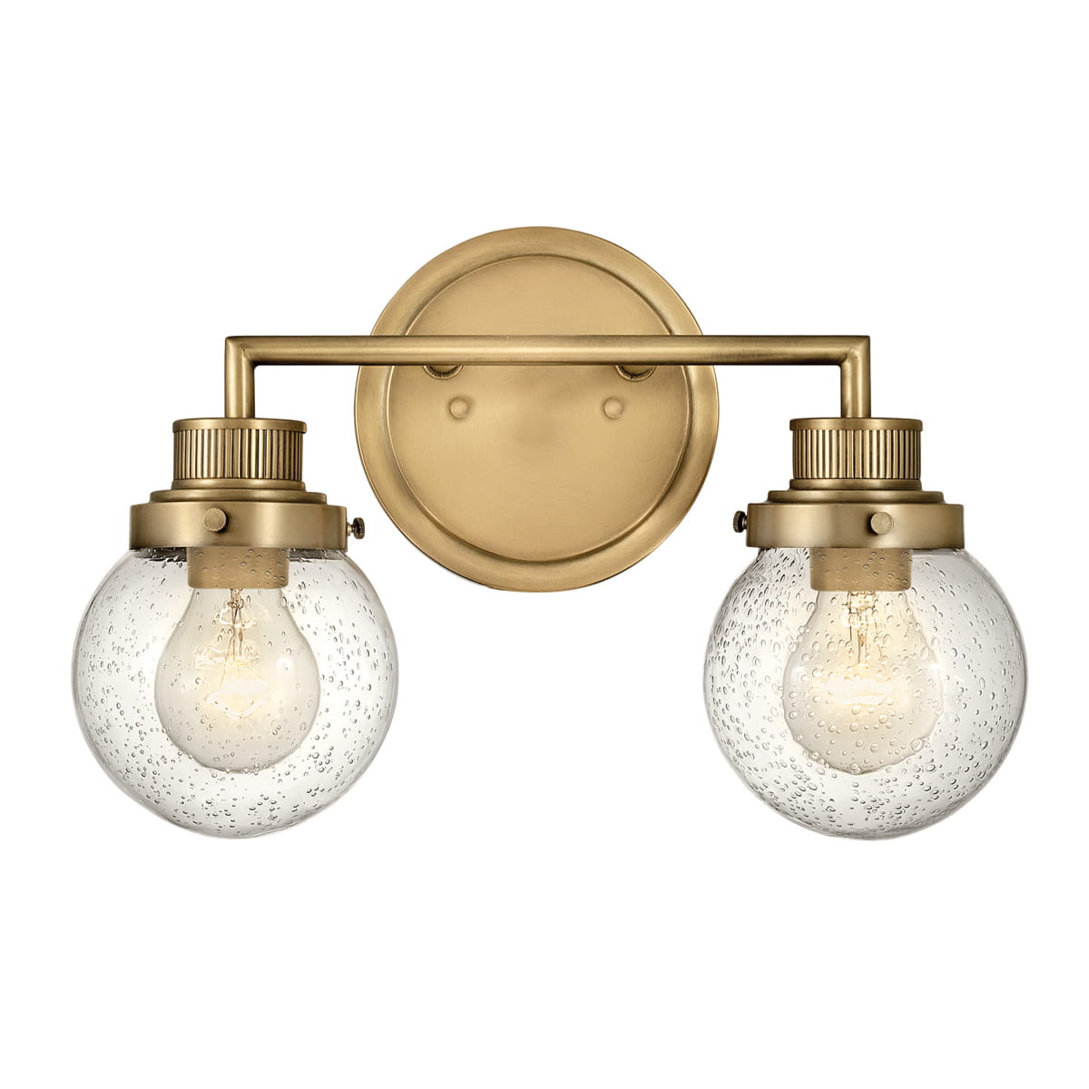 Lampa ścienna kinkiet Poppy Elstead Lighting z dwoma żarówkami i szklanymi kloszami w stylu stary mosiądz