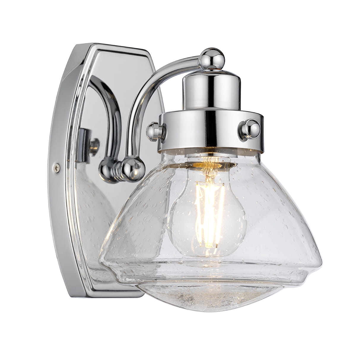 Lampa ścienna kinkiet Scholar Elstead Lighting chromowana z przezroczystym kloszem z bąbelkami powietrza.
