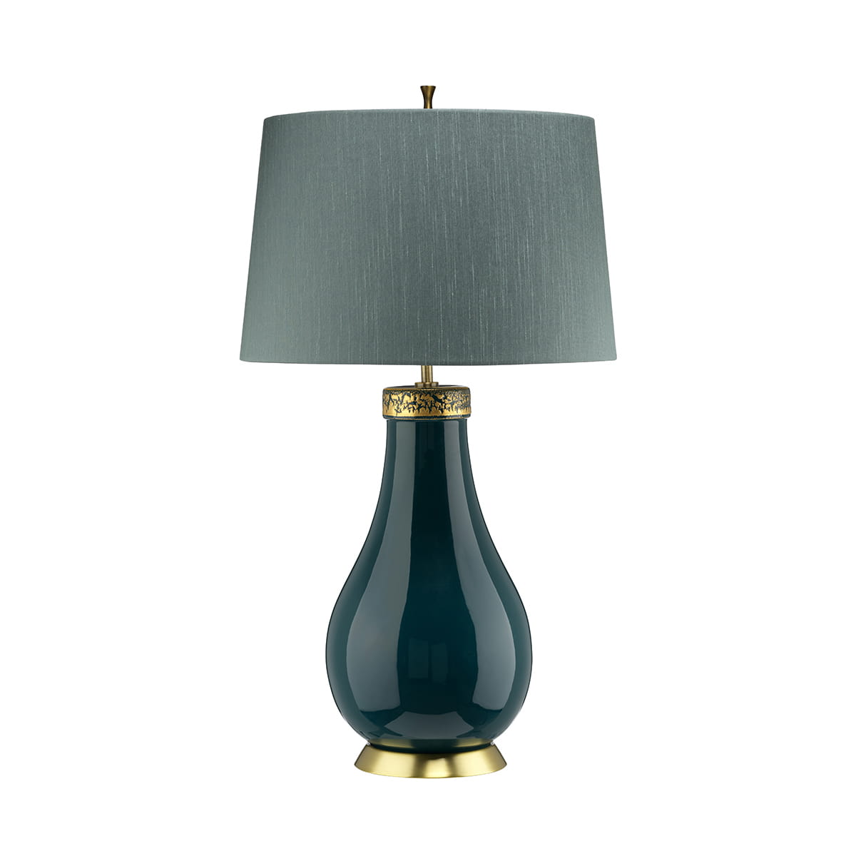Lampa stołowa Havering Elstead Lighting turkusowa z abażurem i podstawą ze starym mosiądzem.