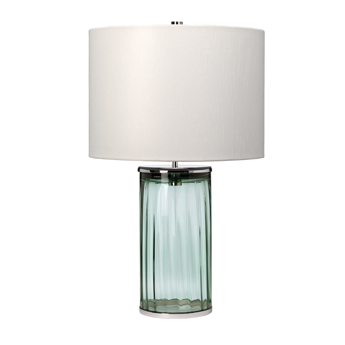 Lampa stołowa Reno Elstead Lighting z pryzmatycznym szkłem i kloszem z sztucznego jedwabiu.
