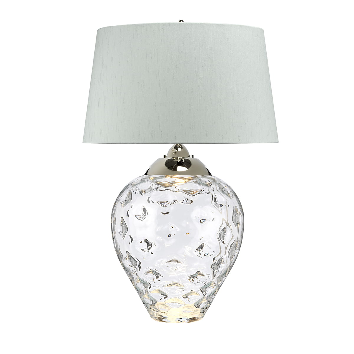 Lampa stołowa Samara Elstead Lighting z polerowanym niklem i szklanym kloszem.