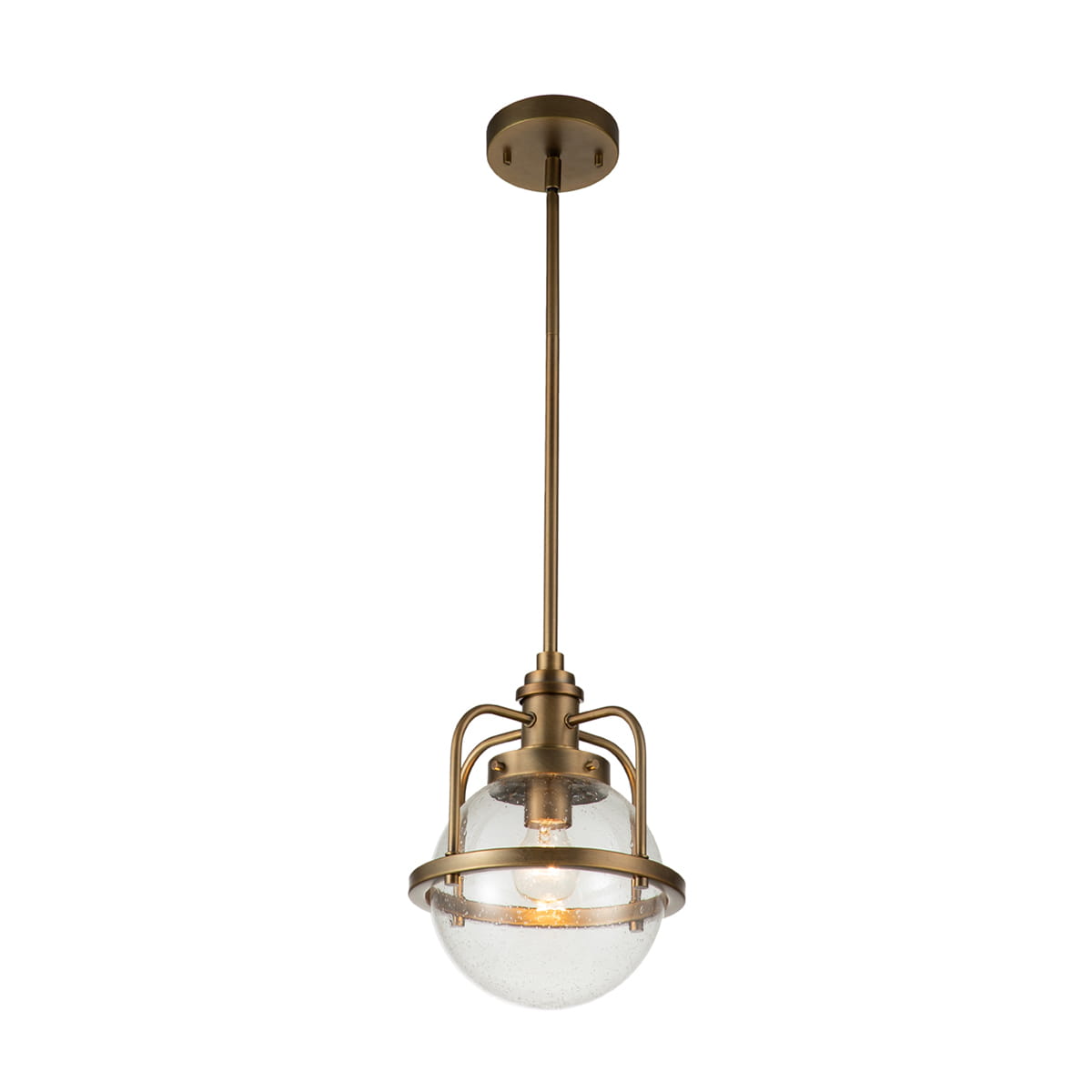 Lampa wisząca Triocent Elstead Lighting z naturalnym mosiądzem i szklanym kloszem z bąbelkami powietrza.