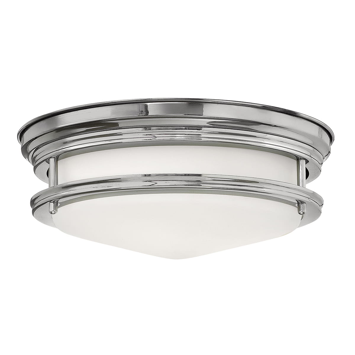 Lampa sufitowa plafon Hadrian Elstead Lighting z trawionym szkłem opalowym i chromowanymi detalami.