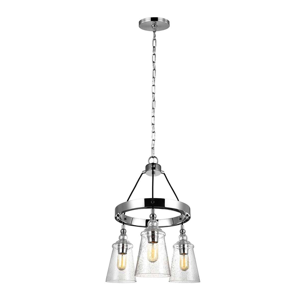 Lampa wisząca Loras Elstead Lighting z trzema żarówkami i szklanymi kloszami z bąbelkami powietrza, chromowana stal.