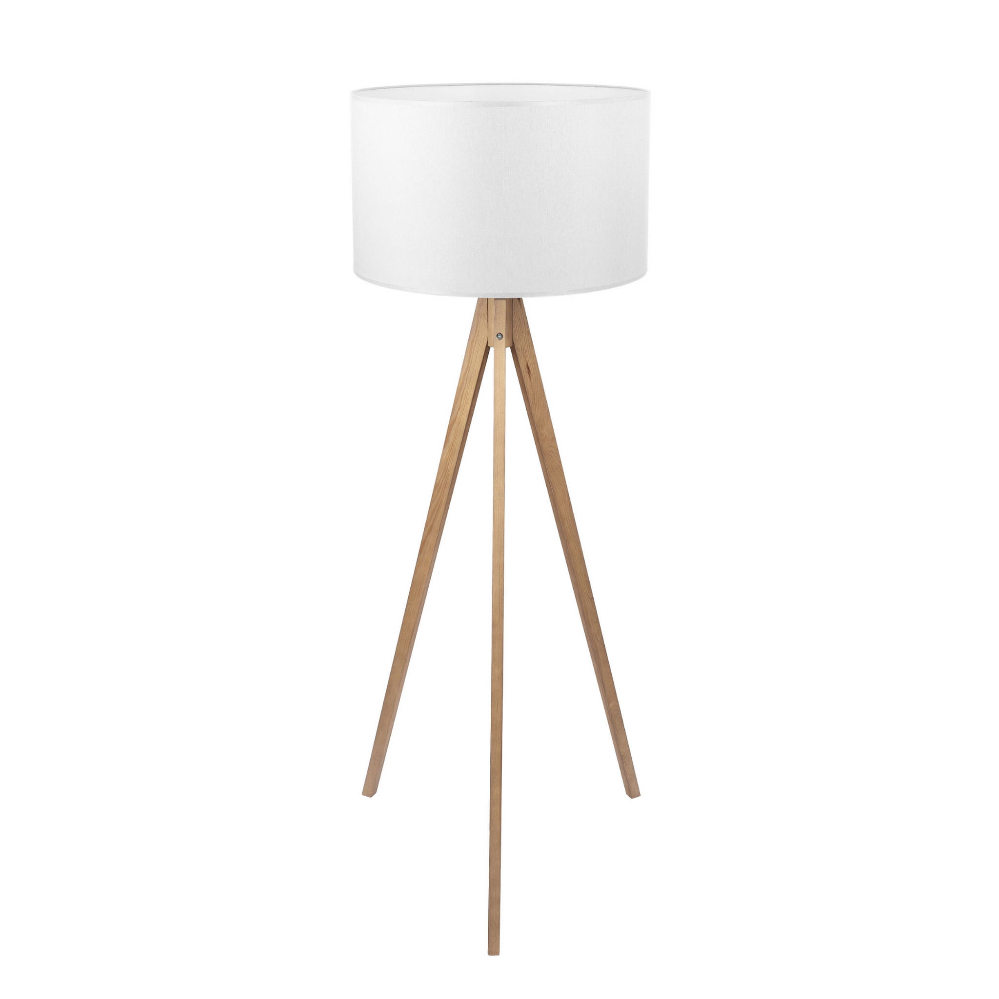 Lampa stojąca TREVISO TK Lighting 1xE27 Metal Drewno, na trójnogu z białym abażurem.